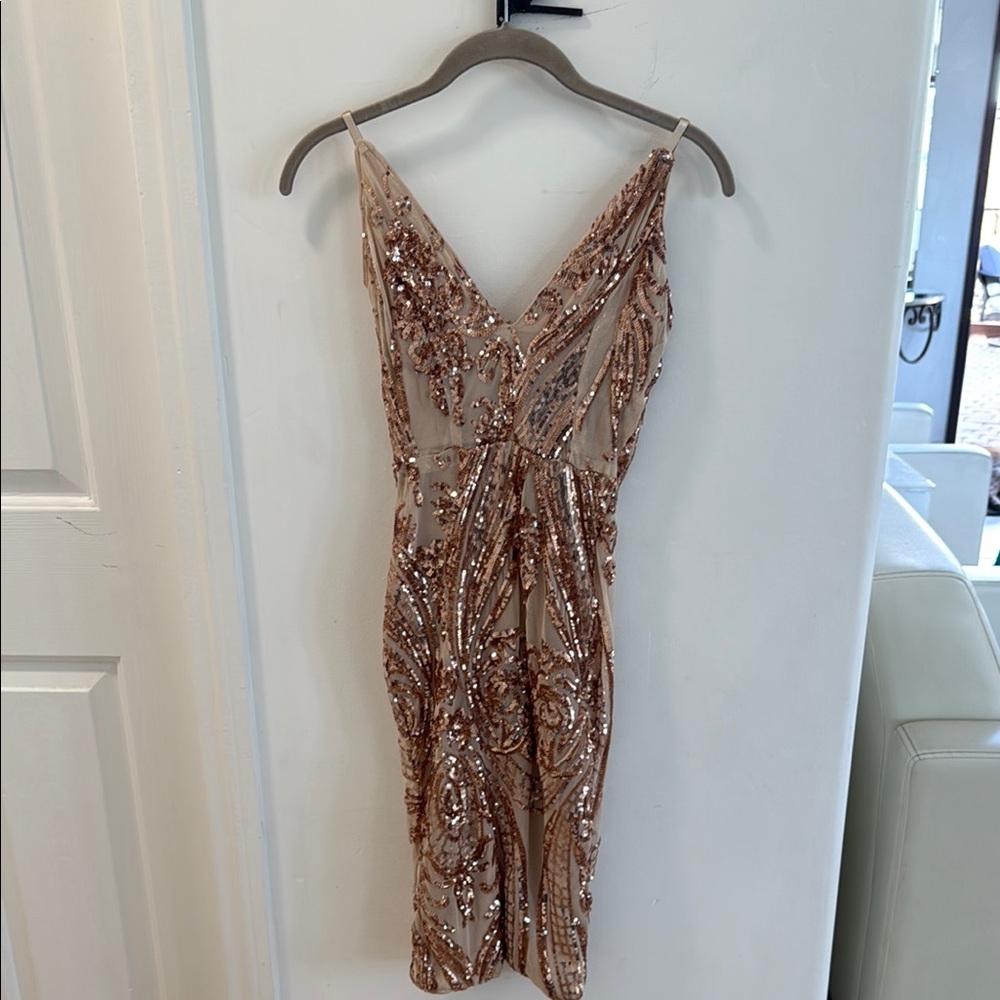 Fashion Nova Gold Sequin Bodycon Midi Dress